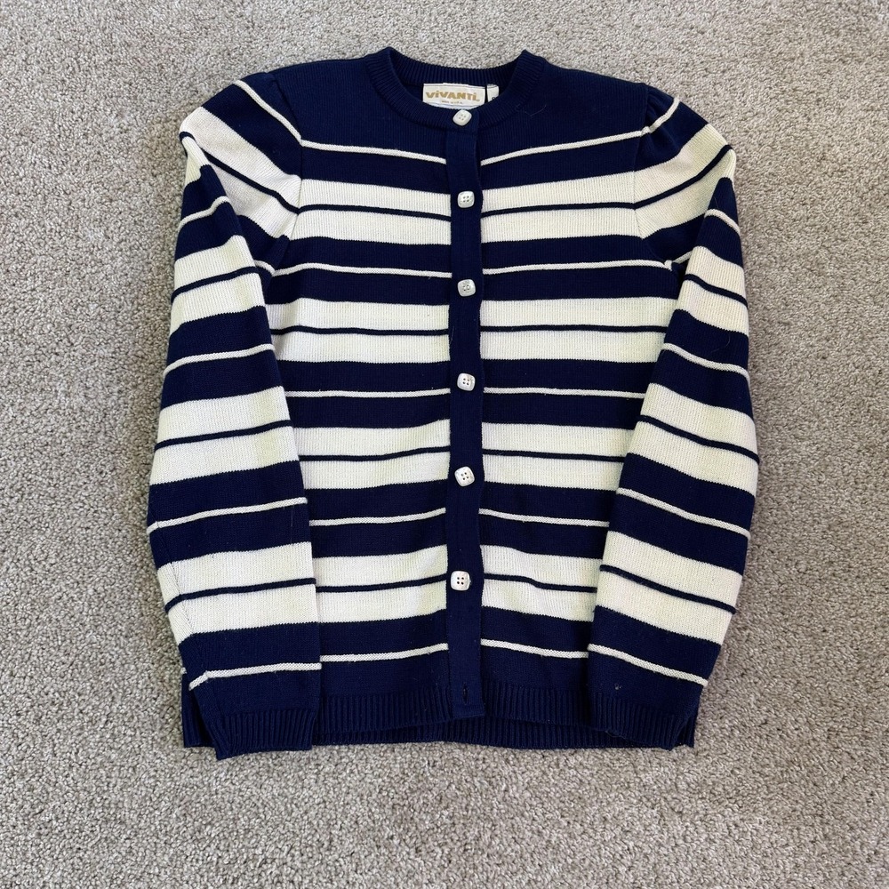 Vintage Vivanti Sweater Cardigan Womens 6 Blue Striped Shoulder Pads Nautical
